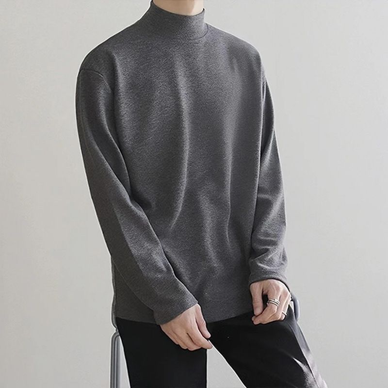 Spring And Autumn Top Half High Collar Bottom Shirt Men's Korean Style Long Sleeve Solid Color Interior Casual T-Shirt_viptrois.com