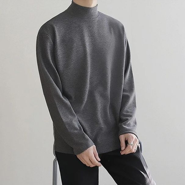 Spring And Autumn Top Half High Collar Bottom Shirt Men's Korean Style Long Sleeve Solid Color Interior Casual T-Shirt_viptrois.com