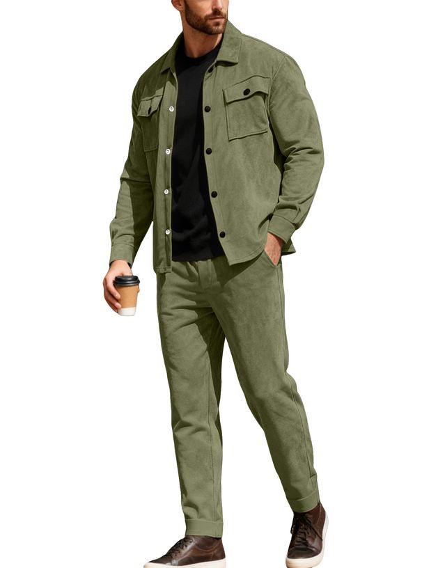 Men's Casual Sports Suede Button down Jacket And Pants Set European American Style Business Workwear for Spring Autumn Old Money Look_viptrois.com