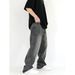 Vintage-Inspired High-Waisted Straight Leg Jeans Relaxed Fit Smoky Grey Washed Denim Elastic Waistband Floor-Length Hem for Men And Women_viptrois.com