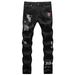Loom European American High Street Trendy Brand Ripped English Embroidery Printed Black And White Slim Fit Small Straight Leg_viptrois.com
