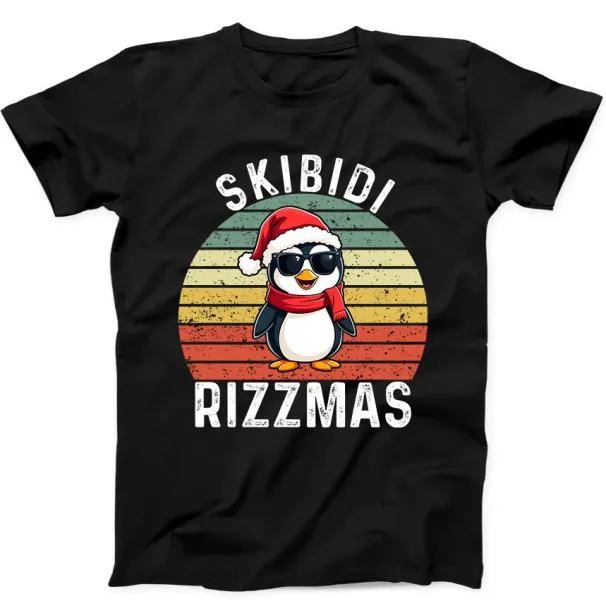 Skibidi Rizzmas Christmas Penguin Funny Gift Tee Black T Shirt Mens Womens Tees Top 298_viptrois.com