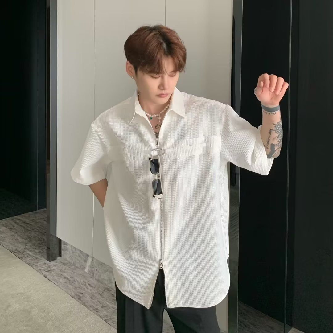 Huafu Ge Design Zipper Men's Summer New Style Korean Edition High end Rascal and Handsome Casual Shirt Trendy Brand Top_viptrois.com