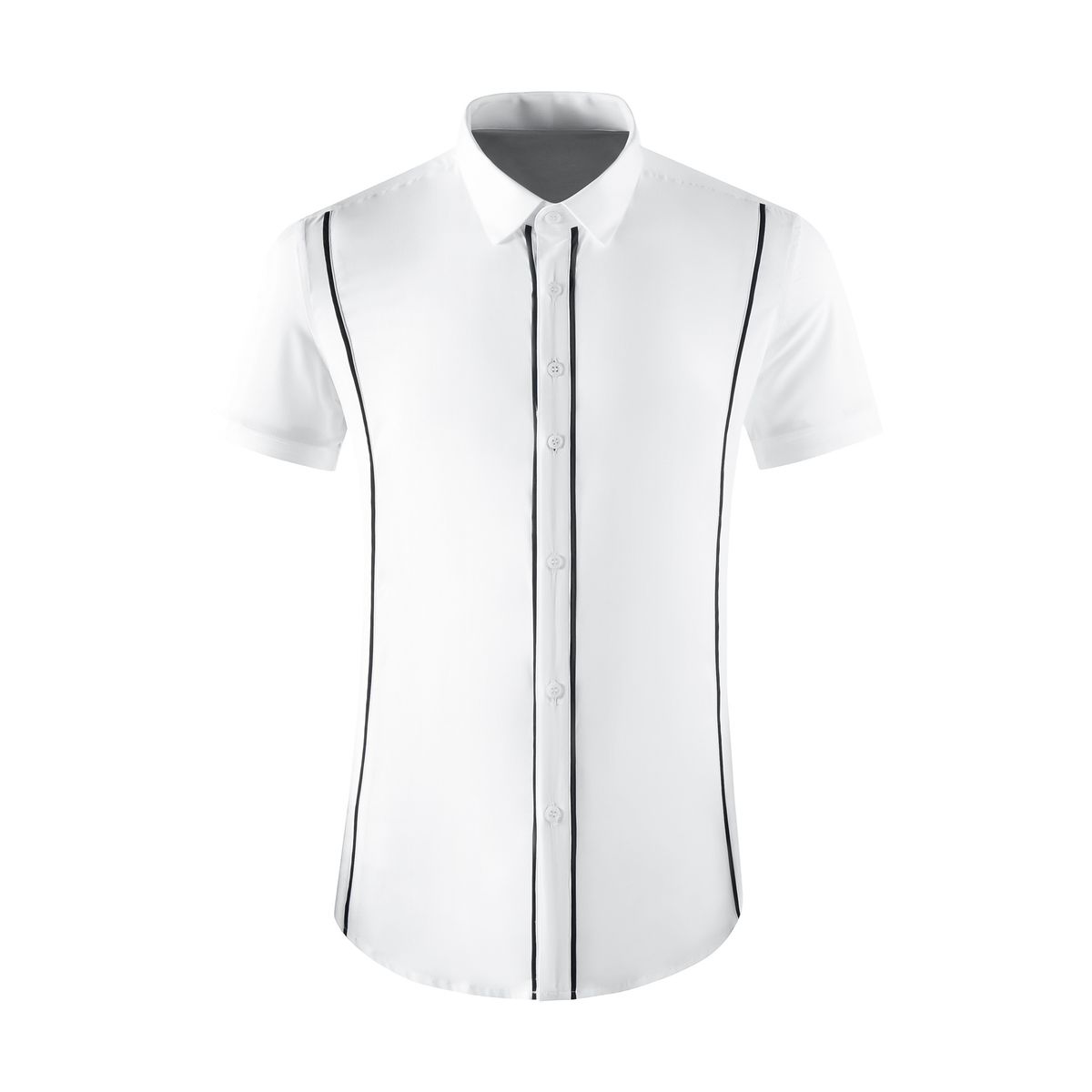 Men's Stylish Contrast Trim Short-Sleeve Shirt – Slim-Fit Breathable Cotton With Wrinkle-Resistant Finish (White, Black)_viptrois.com