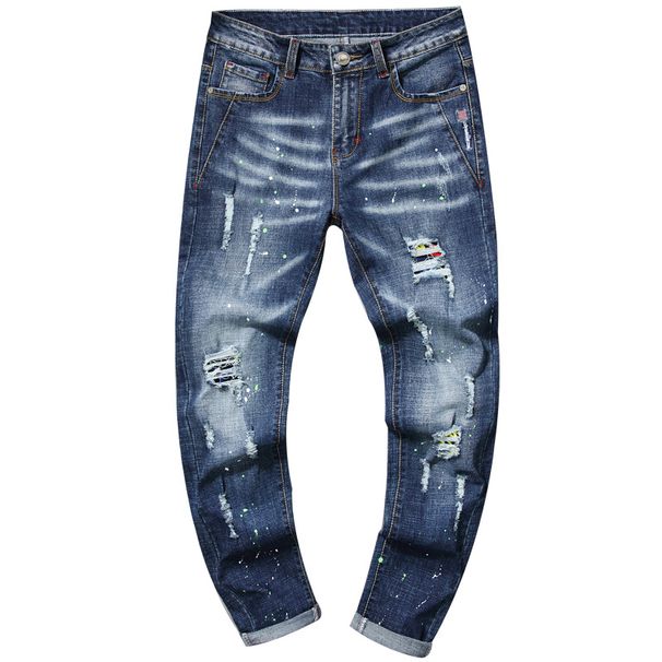 Cross-border Foreign Trade Ripped Embroidered Slim-fit Stretchy Straight-leg Jeans, Unique And Stylish Men's Long Pants_viptrois.com