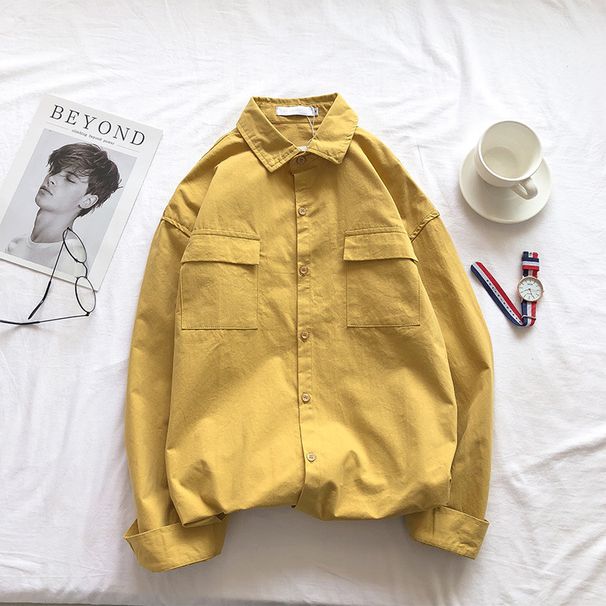 Men's Clothing Solid Color Work Shirt Spring And Autumn Loose Simple Pocket Lining Clothes Trendy Handsome Casual Long Sleeved Jacket_viptrois.com
