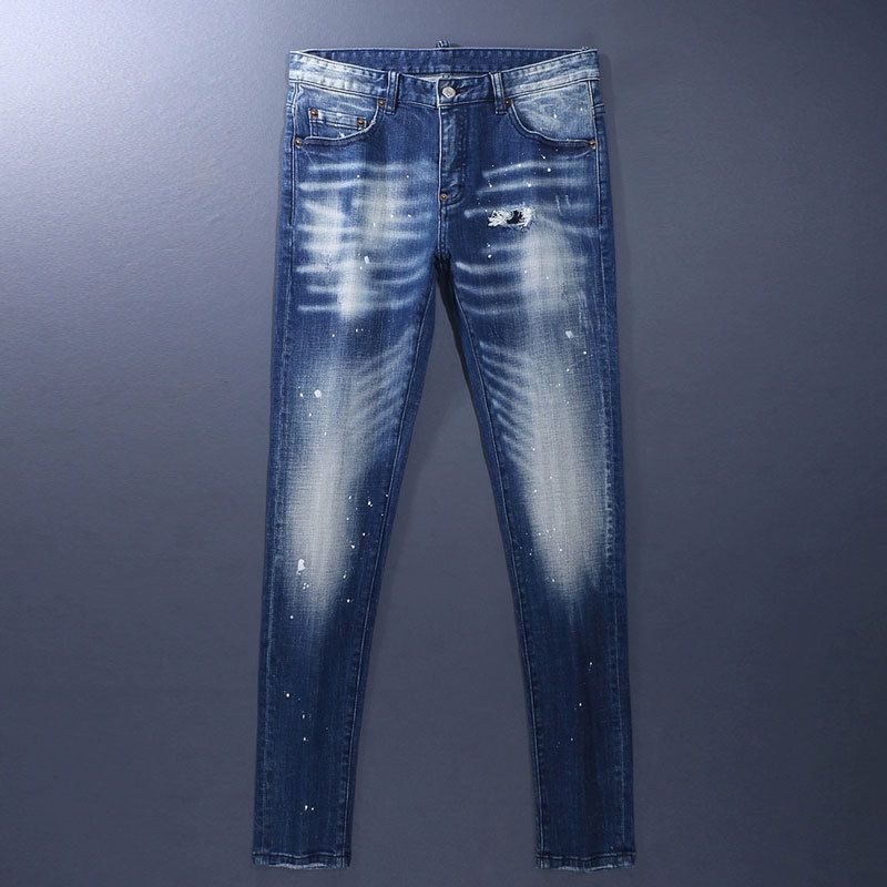 Men's Clothing Men's Jeans Old Blue Washed Hole Patch Paint Trendy Brand Slim Fit Skinny Pants Men_viptrois.com