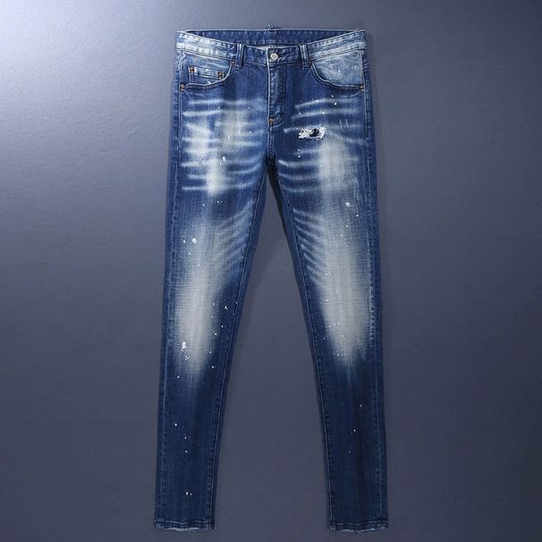 Men's Clothing Men's Jeans Old Blue Washed Hole Patch Paint Trendy Brand Slim Fit Skinny Pants Men_viptrois.com