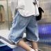 Men's Style Distressed Denim Shorts Frayed Edges Splatter Paint Effect Elastic Waist Five Point Summer Thin Mid-Length_viptrois.com