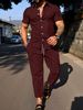 Men's 2-Piece Summer Outfit Short Sleeve Shirt And Trousers Set Solid Color Casual with Collar_viptrois.com
