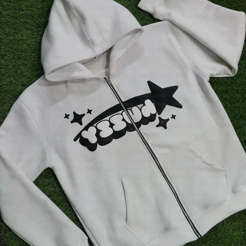 Gothic Unisex Zip-Up Hoodie With Five-Pointed Star Print – Oversized Dark Aesthetic Streetwear For Men & Women_viptrois.com