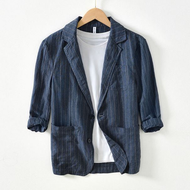 CT Men's Cotton Three-Quarter Sleeve Blazer Summer Thin Mid-Sleeve Linen Suit Casual Striped Youth Jacket_viptrois.com