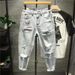 New Style Japanese Loose Brushed Ripped Beggar's Pants Men's Trendy Light Wash Nine-point Jeans For Men_viptrois.com