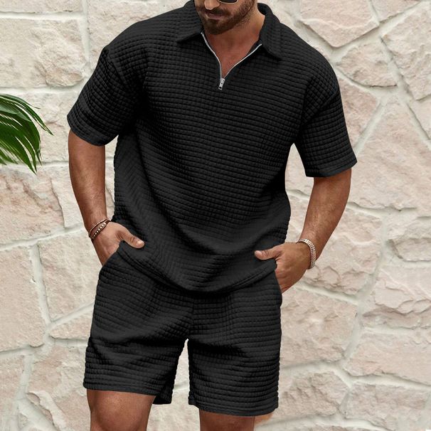 Men's Clothing Summer new men's casual fashion comfortable waffle solid color lapel shirt sports suit_viptrois.com