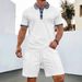 Men's Waffle Knit Short Sleeve Shirt & Shorts Set - Lapel Collar With Zipper Detail, Solid Color Casual Outfit_viptrois.com