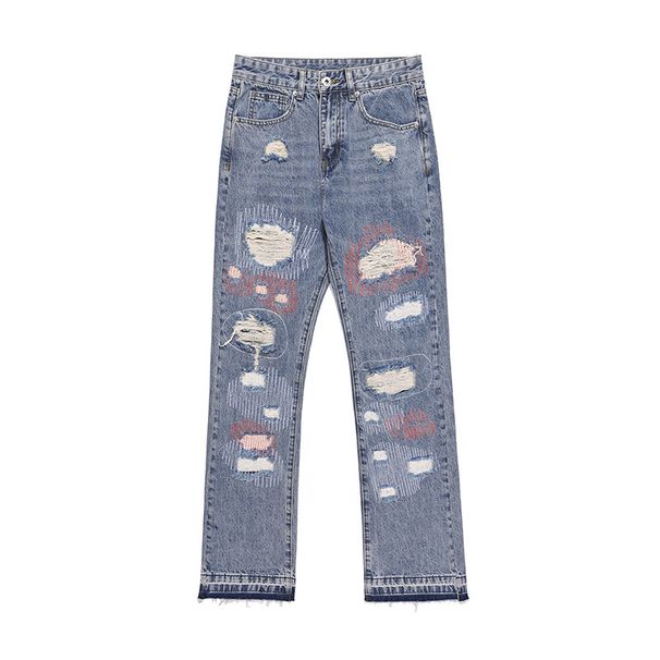 Hip Hop Patch Ripped Jeans Men's High Street Trend Embroidery Wide Straight Leg Loose Flared Pants Men_viptrois.com