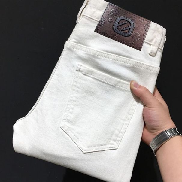Men's Clothing Cropped Jeans Trendy, Luxurious Casual, Stretchy Slim Fit Stretch White Jeans - Straight Leg Casual Denim Pants For Teen & Young Adults_viptrois.com