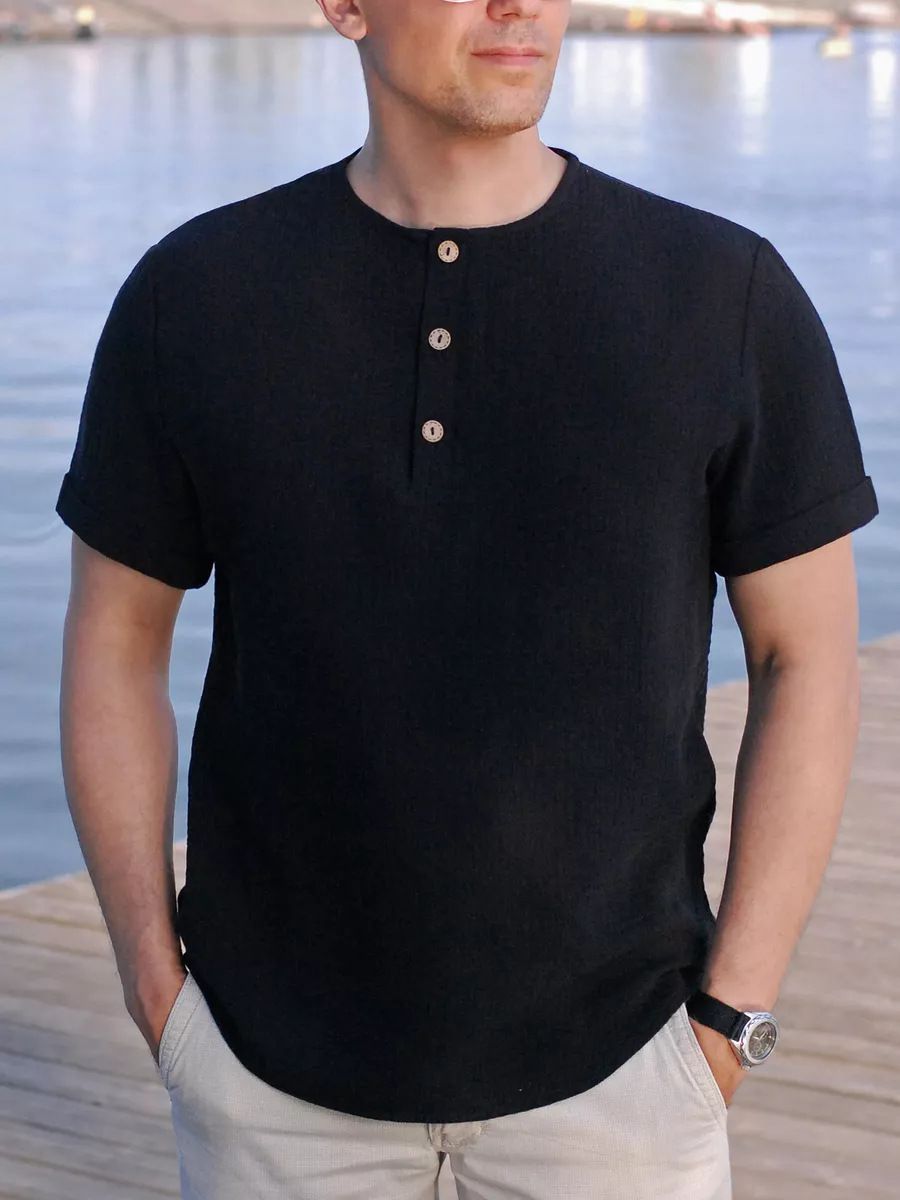 Men's Clothing New Round Neck Shirt Summer Casual Shirt Solid Color Fashion Men's Button Top_viptrois.com