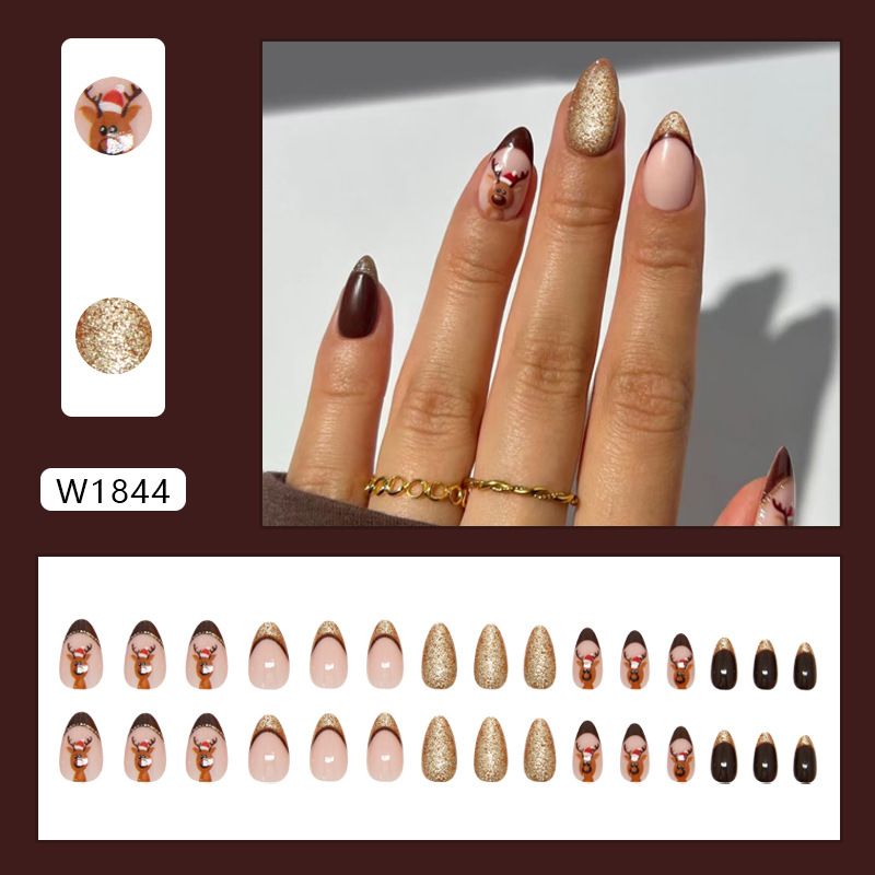 Christmas Fine Flash Brown French Cute Elk Foreign Trade European And American Style Detachable Nail 30 Pieces_viptrois.com