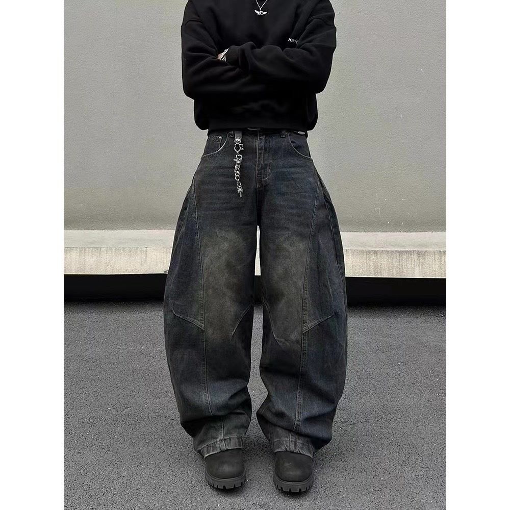 2026 American Retro High Street Silhouette American Scimitar Jeans Men's Washed Vintage Banana Wide-Leg Sickle Pants_viptrois.com