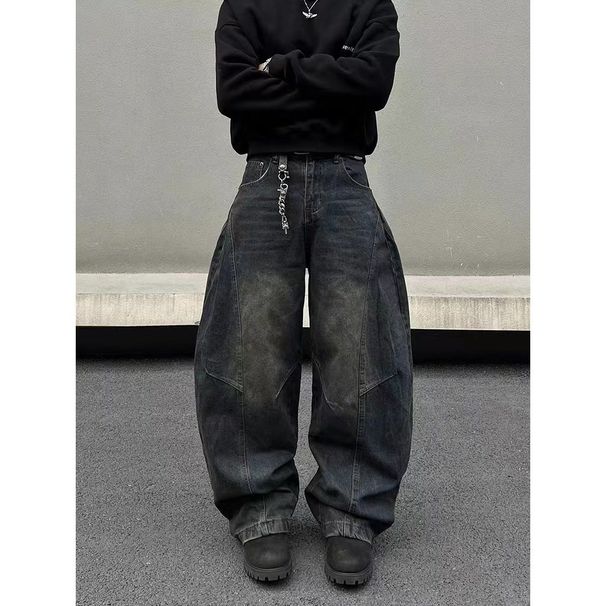 2026 American Retro High Street Silhouette American Scimitar Jeans Men's Washed Vintage Banana Wide-Leg Sickle Pants_viptrois.com
