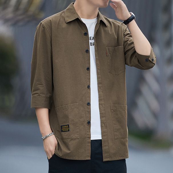 Thirty Autumn Cotton 7-Cent Sleeve Shirt Coat Summer Trendy Versatile Casual Solid Color Men's Clothing_viptrois.com