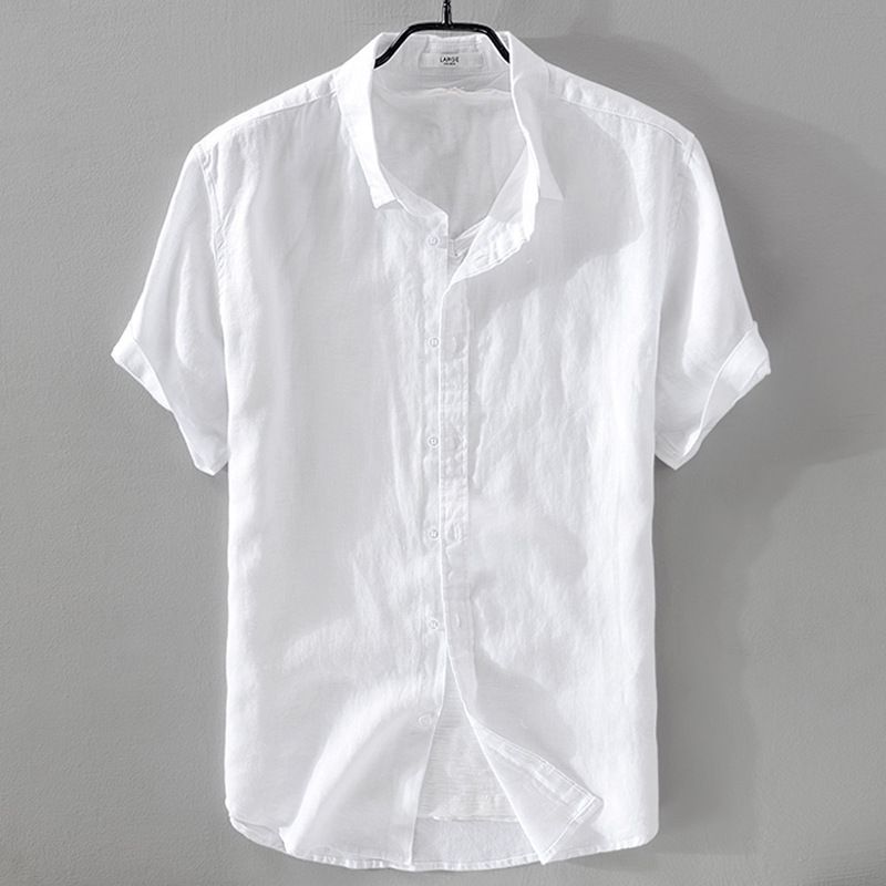Men's Clothing Pure Linen Short Sleeved Shirt Men's Linen Material White Shirt Cotton Linen Men's Clothing Tops Men's Casual Summer Wear Short Sleeves_viptrois.com