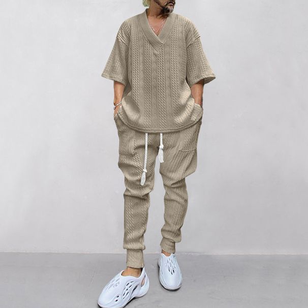 Men's Casual Loose Three Quarter Sleeve Jacquard Knit Sweater Black Gray Khaki Cotton Polyester Linen Top For Summer_viptrois.com