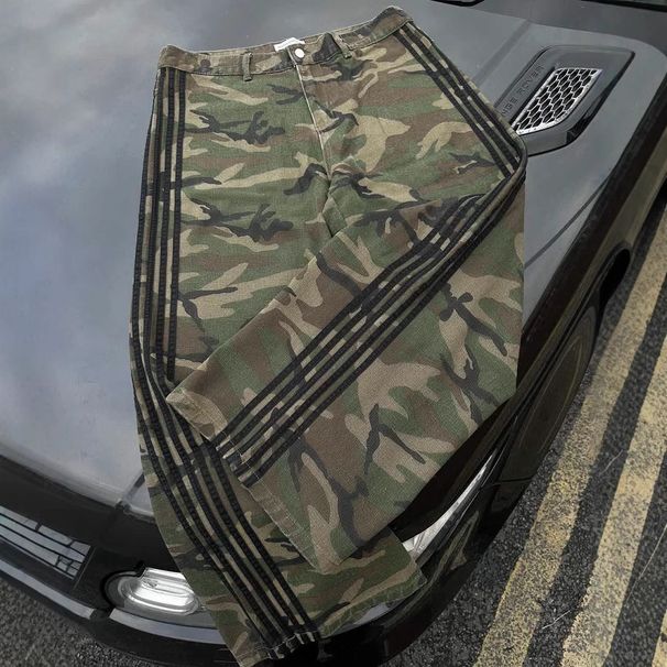 Men's Clothing Camouflage Striped Workwear Casual Pants Spring High Street Retro Fashion Straight Wide Leg Trousers_viptrois.com