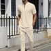 Men's Clothing Waffle Stand Collar Zipper Solid Color Short Sleeved Trousers Outdoor Leisure Suit_viptrois.com
