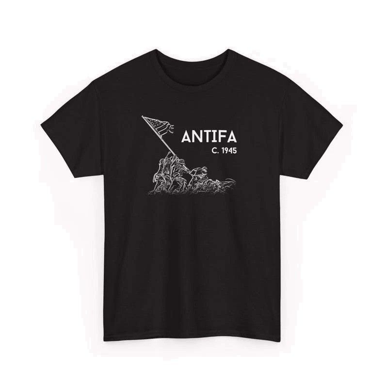 Antifa C 1945 Raising Flag Graphic Political Statement Black 100% Cotton T-shirt Mens Womens Tees Top_viptrois.com