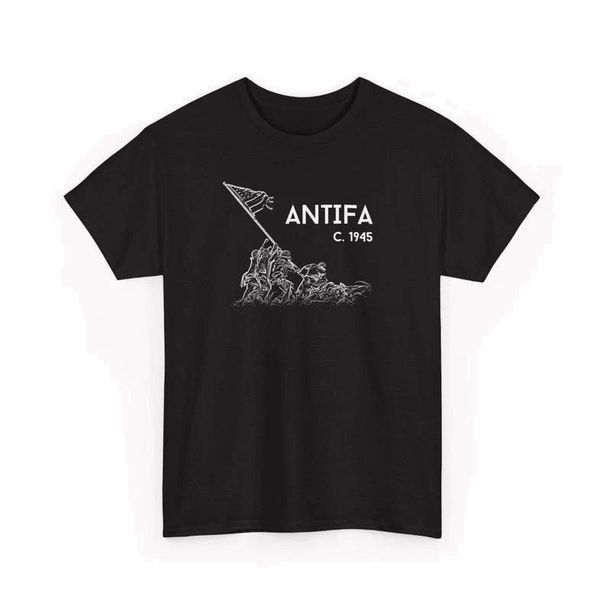 Antifa C 1945 Raising Flag Graphic Political Statement Black 100% Cotton T-shirt Mens Womens Tees Top_viptrois.com