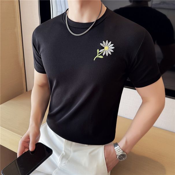 Men's Slim Fit Cotton T-Shirt - Round Neck Daisy Embroidery Half Sleeve Tee_viptrois.com