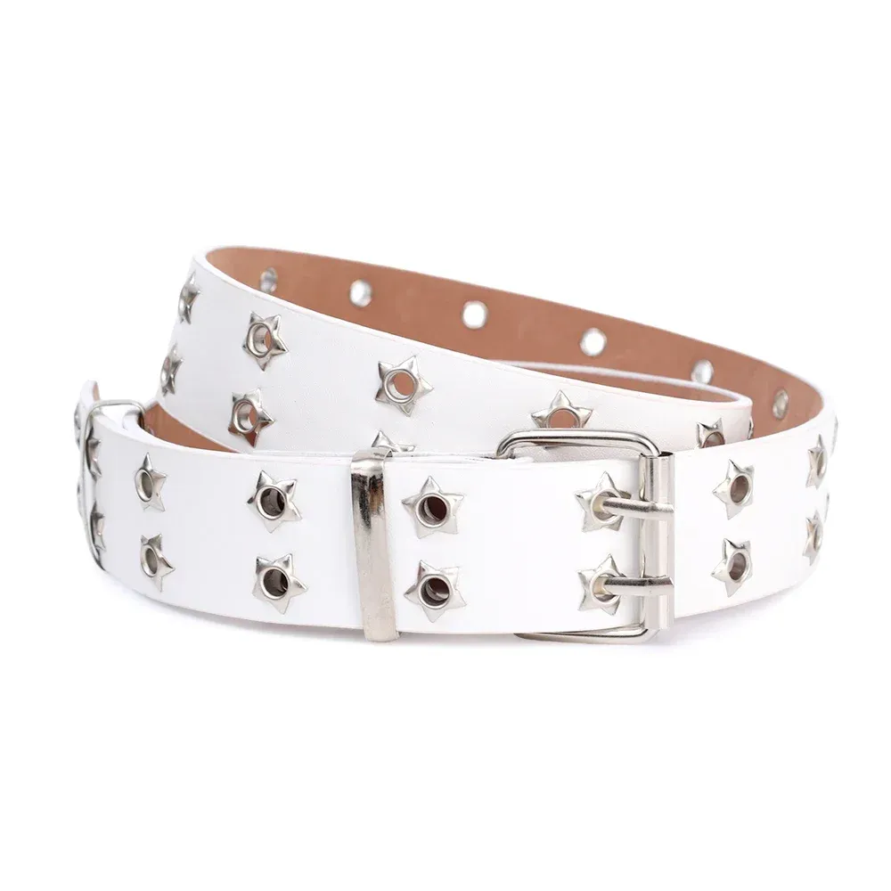 2025 Y2K Punk Niet Leder Gürtel Frauen Männer Stern PU Schwarz Weiß Taille Strap Zweireihig Hohl Trendy Bund Jeans Rock Dekoration_viptrois.com
