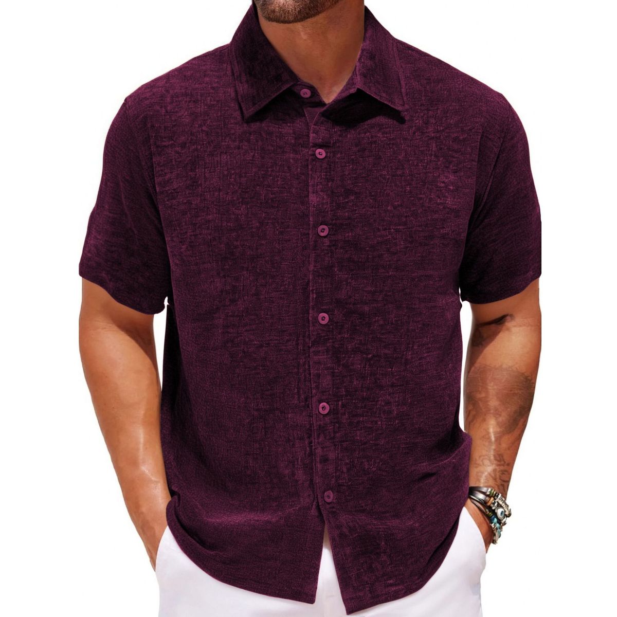 Men's Clothing Men's Clothing European And American Gold Velvet Fabric Square Collar Casual Shirt Solid Color Short Sleeved Men's Shirt A0406_viptrois.com