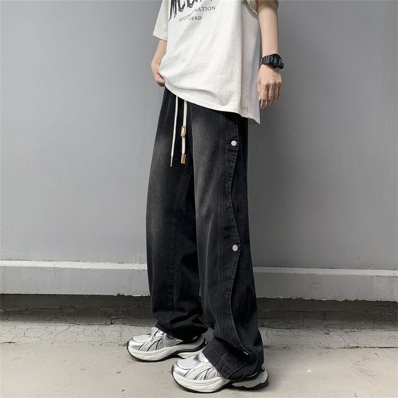 Retro Light Blue Men's Jeans High Street Hip Hop Stacked Design Straight Leg Loose Fit_viptrois.com