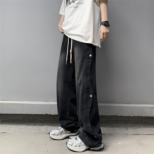 Retro Light Blue Men's Jeans High Street Hip Hop Stacked Design Straight Leg Loose Fit_viptrois.com