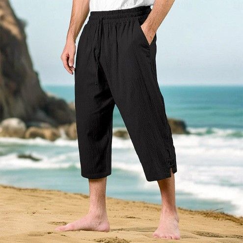 Men's Cotton Linen Pants Summer Casual Beach Trousers With Drawstring Waist Elastic Comfortable Breathable Straight Leg Lounge Pants_viptrois.com