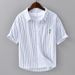 Summer fresh striped short-sleeved shirt men's trendy loose versatile casual literary men's wear embroidered cotton shirt C06_viptrois.com
