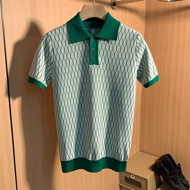 Men's Clothing Light Luxury Men's Plaid Ice Silk Knitted Short Sleeved Lapel T Shirt Men's Summer Slim Breathable Half Sleeved Casual POLO_viptrois.com