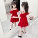 Mother & Kids 2024 new summer off-shoulder chiffon solid color girls dress 3-5-7-8 years old 6 little girl princess dress Western style_viptrois.com