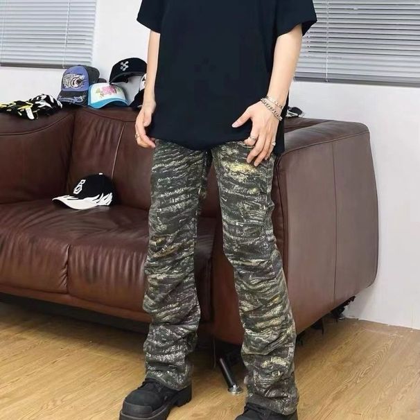 SWAG American High Street Vibe Pleated Camouflage Jeans Hip-hop Workwear Straight Tube Micro Flared Loose Slimming Pants_viptrois.com