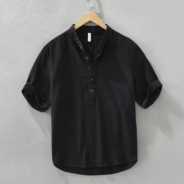 Men's Clothing Retro Stand Collar Cotton And Linen Shirt Men's Casual Simple Short Sleeve Thin Linen Shirt One Piece_viptrois.com