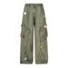 Men's Clothing Women's Floral Embroidered Work Jeans For Autumn And Winter American Retro Multi Pocket Army Green Loose Wide Leg Mopping Pants_viptrois.com