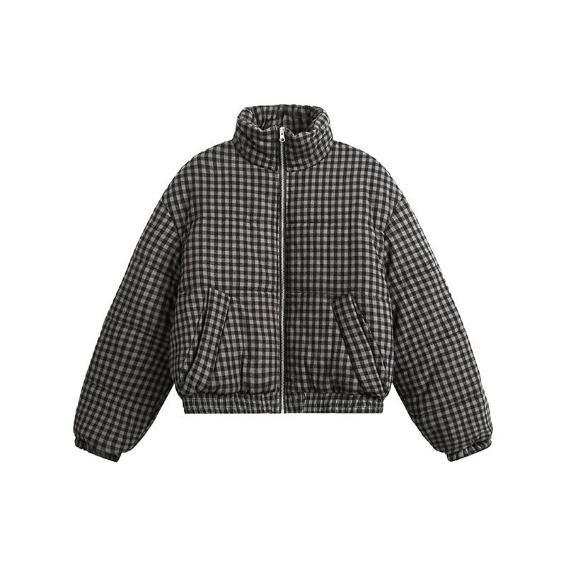 Men's Short Puffer Jacket – Winter Plaid Quilted Coat, Stand Collar Loose Fit Polyester Warm Outerwear (M-XXL, Black-Grey Check)_viptrois.com