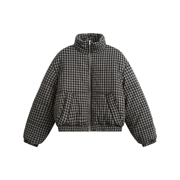 Men's Short Puffer Jacket – Winter Plaid Quilted Coat, Stand Collar Loose Fit Polyester Warm Outerwear (M-XXL, Black-Grey Check)_viptrois.com