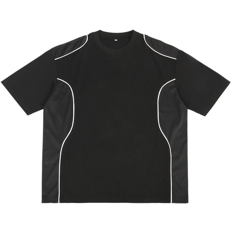 Men's Streetwear Mesh-Panel Cotton Tee – Oversized Fit, Breathable Short Sleeve (S-XXL, 240GSM, Black/White)_viptrois.com