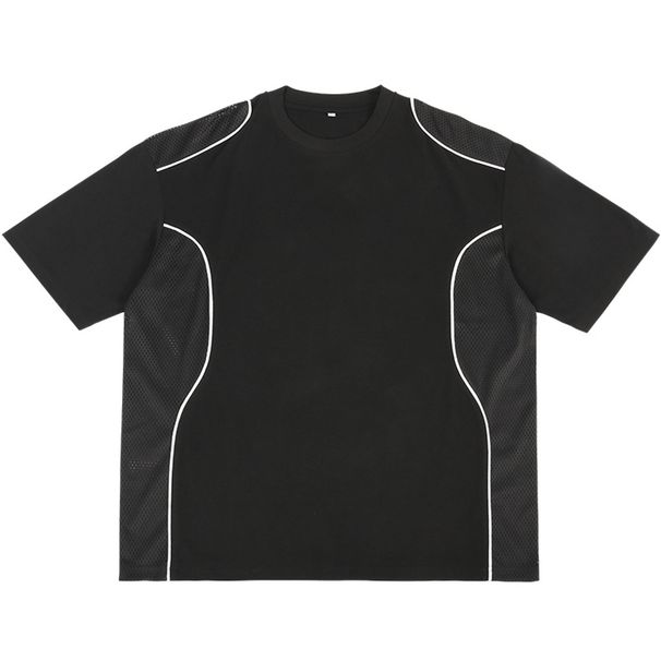 Men's Streetwear Mesh-Panel Cotton Tee – Oversized Fit, Breathable Short Sleeve (S-XXL, 240GSM, Black/White)_viptrois.com