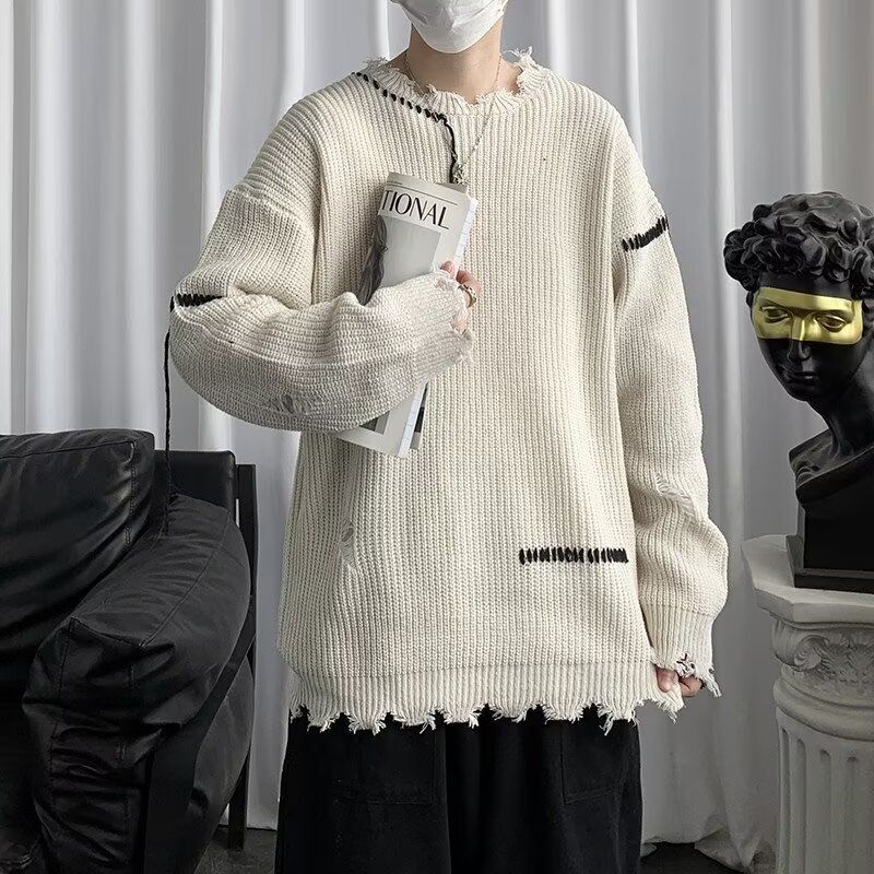 New autumn and winter design with a perforated sweater for men, loose and lazy, retro and niche trendy brand, handsome knit sweater top_viptrois.com