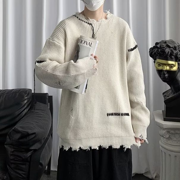 Autumn and winter design sense, ripped hole sweater for men, loose and lazy, retro and niche trendy brand, handsome knit sweater top_viptrois.com